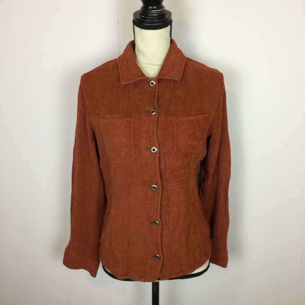 Chico's Shirt Blouse Size 1 Womans M Rust Silk Rayon Button Front Long Sleeve